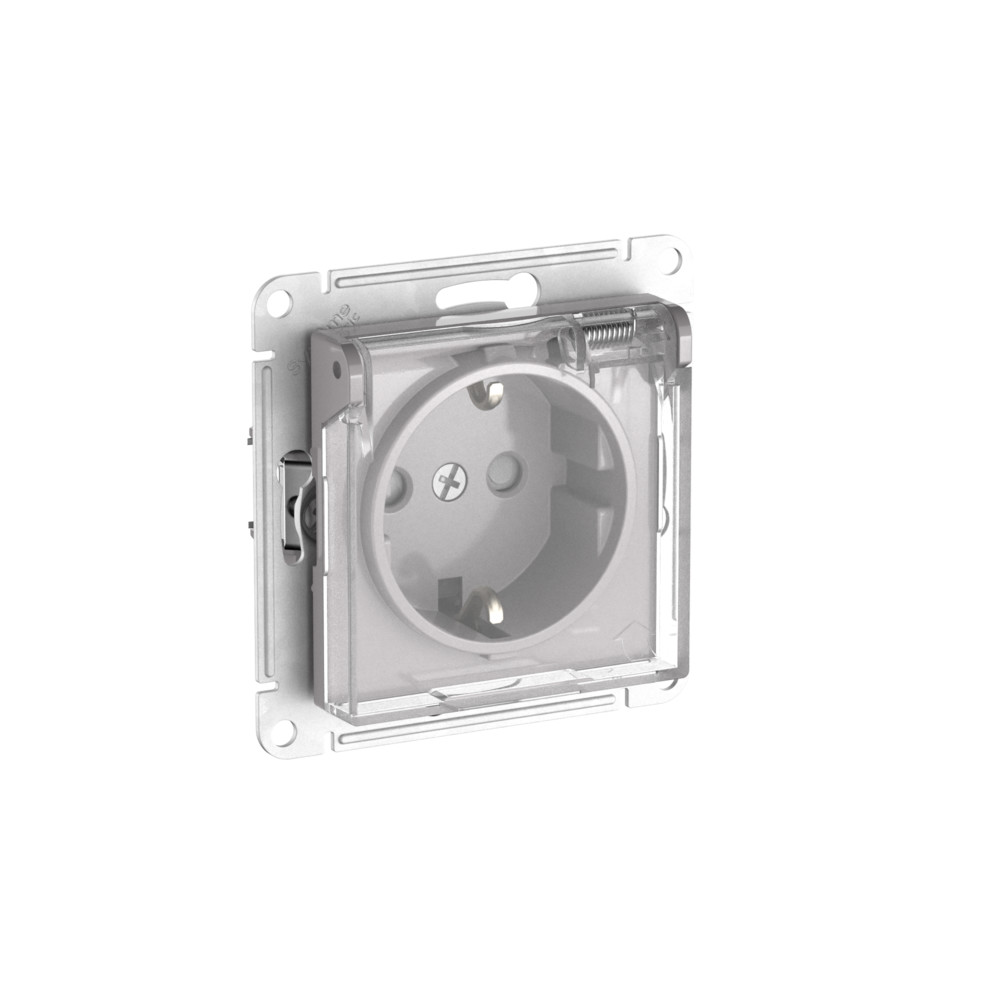 Systeme Electric AtlasDesign Aqua Алюминий Розетка с зазем. со шт. с прозрач. крыш, 16А, IP44, мех., быстрозажим. клем.