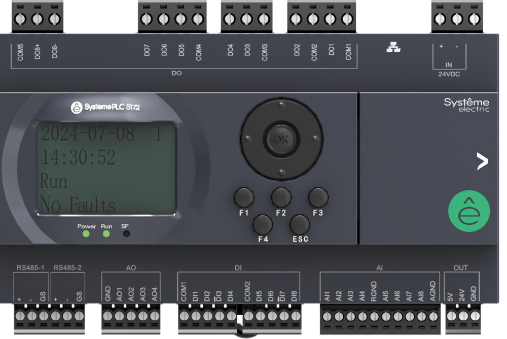 Systeme Electric ПЛК S172; 24 VDC; дисплей; 28 IO: 8 DI, 8 DO (транзистор), 8 AI, 4 AO; 2xRS485, 1xRJ45