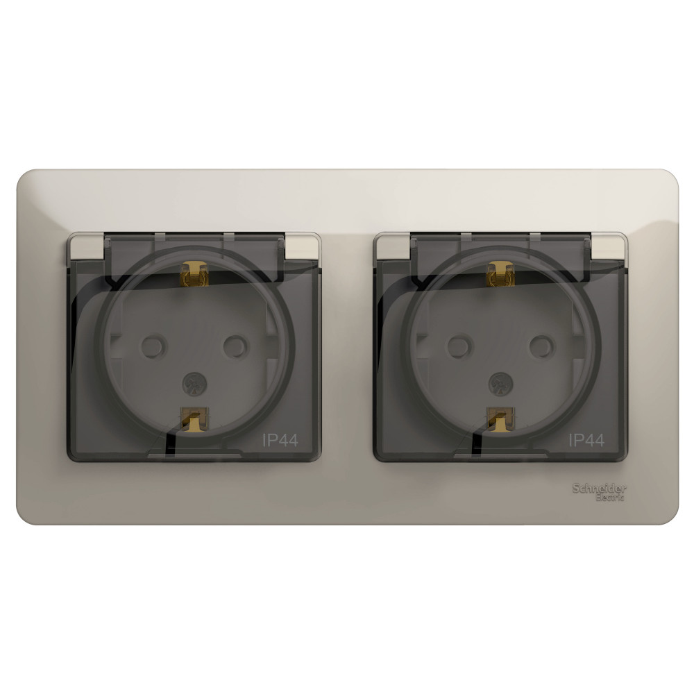 Systeme Electric Glossa Молочный Розетка 2-ая с/з, со шторками, в сборе, IP44