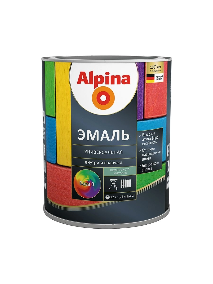 Эмаль алкидная Alpina Эмаль универсальная шелковисто-матовая, База 3, 2,13 л