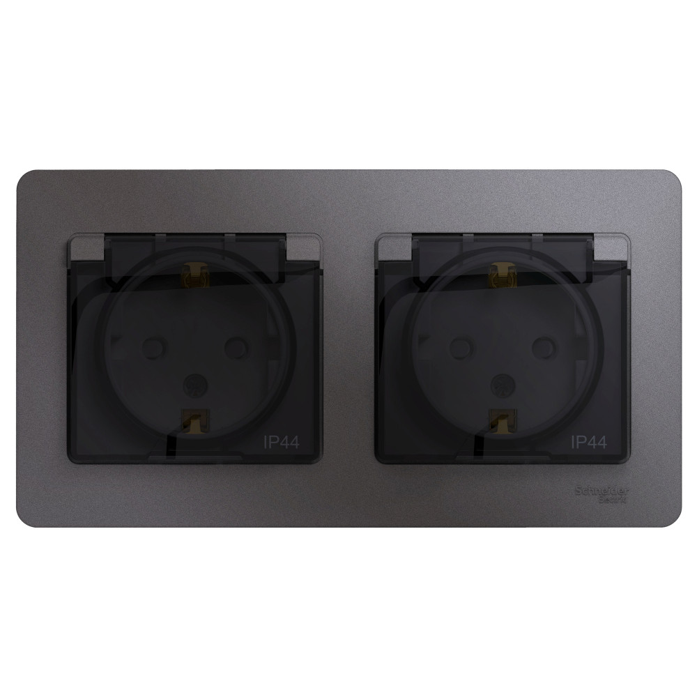 Systeme Electric Glossa Графит Розетка 2-ая с/з, со шторками, в сборе, IP44