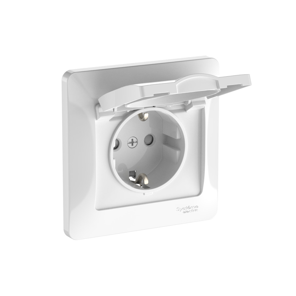 Systeme Electric Glossa Белый Розетка с зазем. со шторк. с крышк., 16А, IP20, в сборе, быстрозажим. клем.