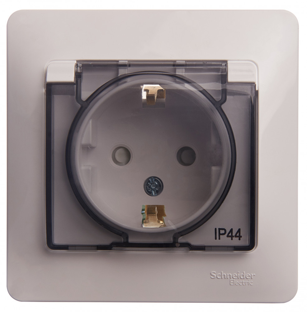Systeme Electric Glossa Бел Розетка с/з со шторками с крышкой, IP44 (в сборе с рамкой)