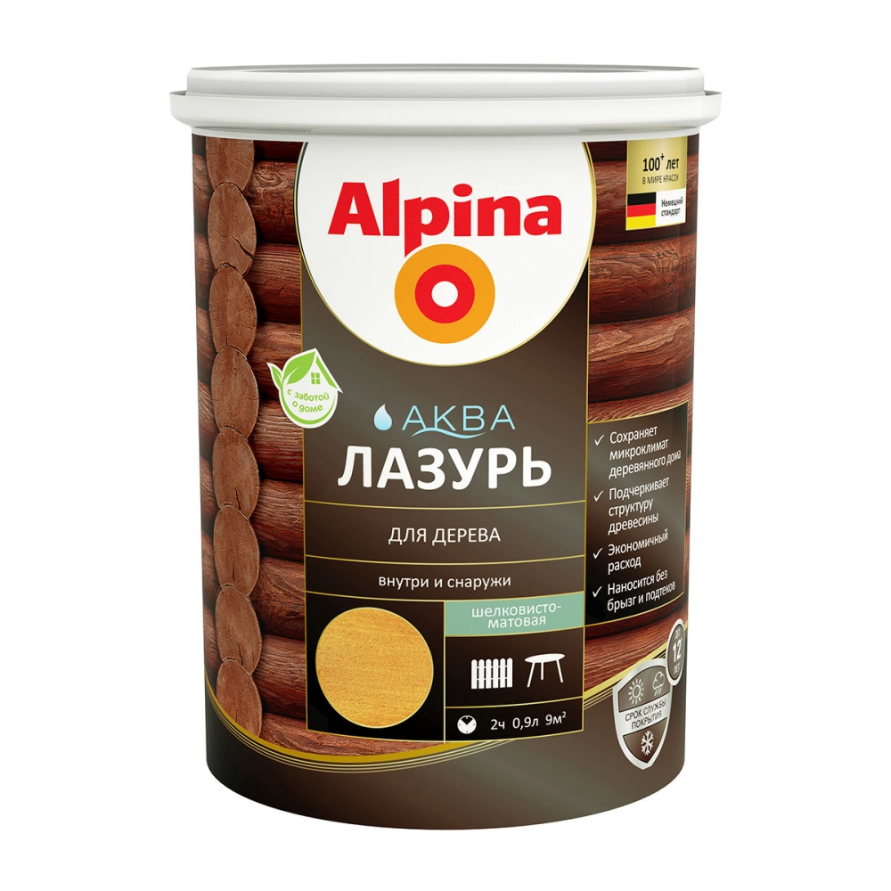 Лессирующий антисептик Alpina Аква Лазурь для дерева цветная, Кедр, 0,9 л