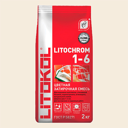 Затирка швов цементная Litokol Litochrom 1-6 C.50 светло-бежевый/жасмин, алюм.мешок 2 кг