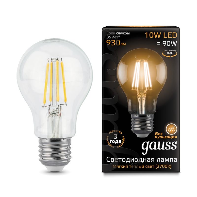 Лампа Gauss LED Filament A60 E27 10W теплый свет 2700К