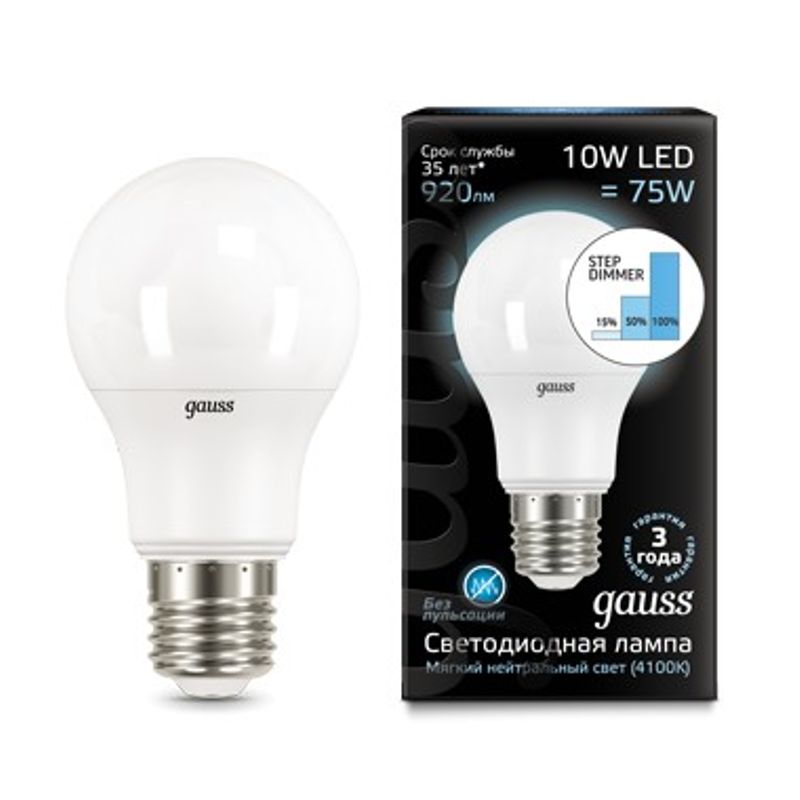 Лампа Gauss LED A60 10W E27 холодный свет 4100K step dimmable