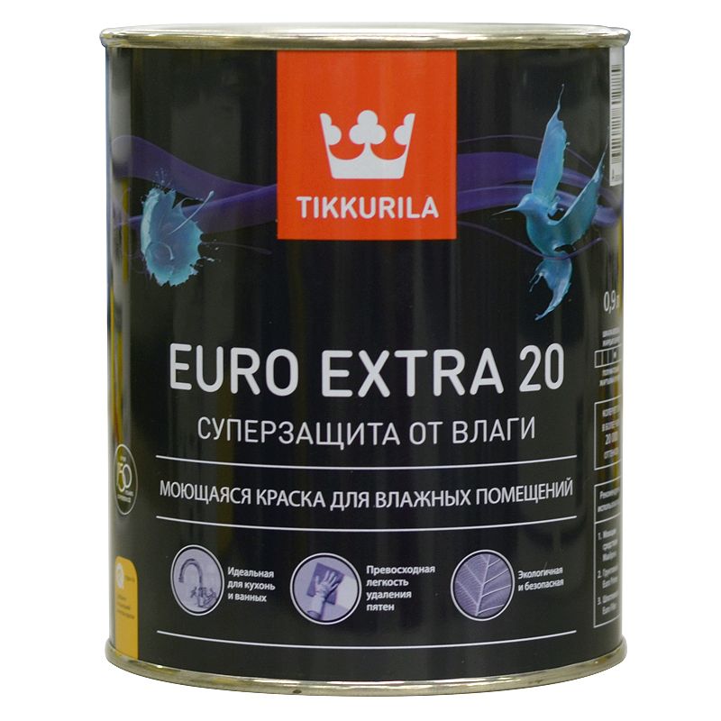Краска для кухонь и ванных комнат Tikkurila Euro Extra 20, полуматовая, 0,9л