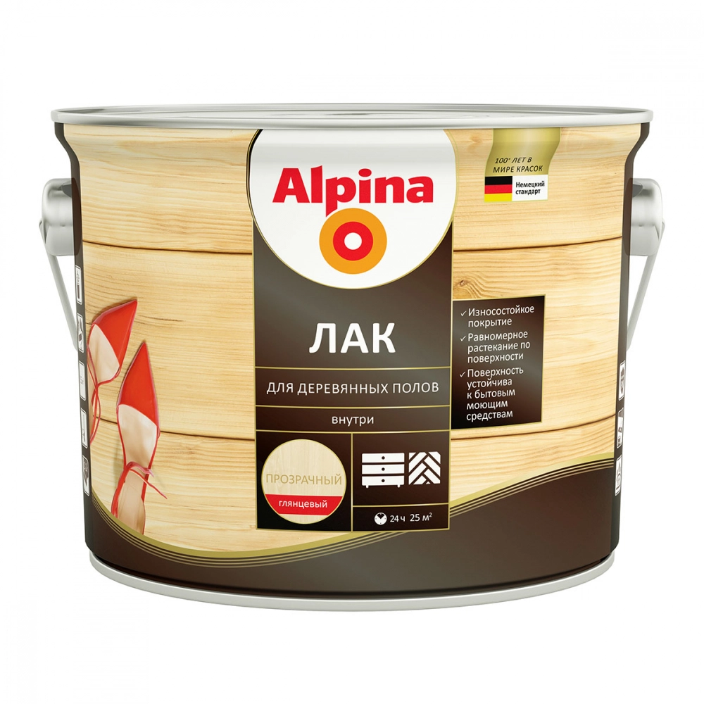 Лак алкидно-уретановый Alpina Лак для деревянных полов глянцевый, 2,5 л