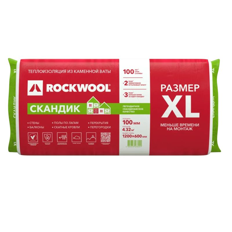 Утеплитель ROCKWOOL Лайт Баттс Скандик XL 1200х600х100 мм 6 штук в упаковке