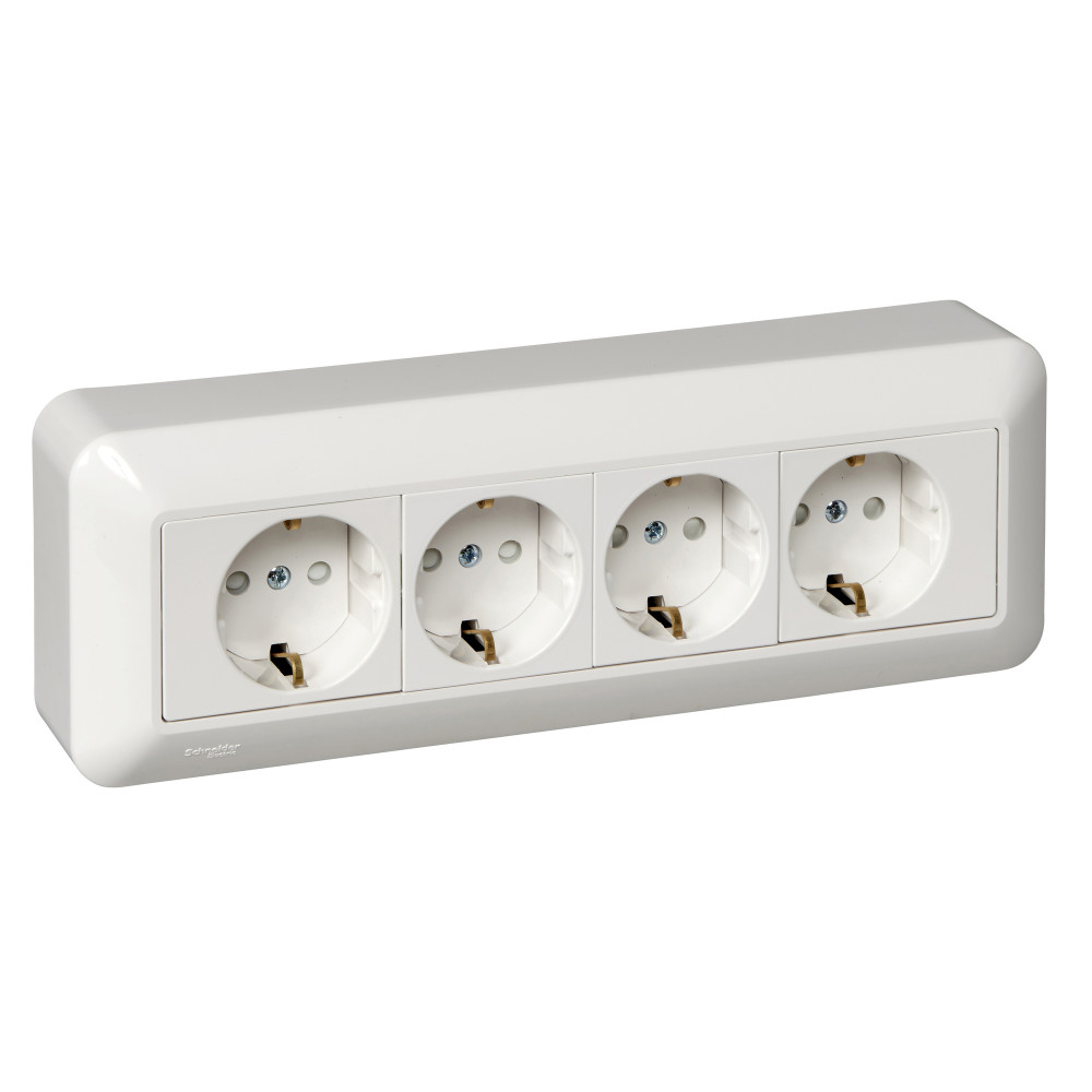 Systeme Electric Blanca наруж Бел Розетка 4-я с/з с защитными шторками 16А, монтажная пластина (в сборе) (индивид.упак.)