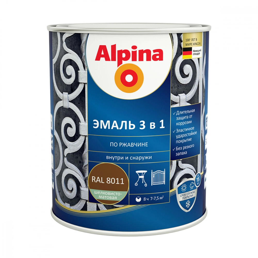 Эмаль алкидно-уретановая Alpina Эмаль по ржавчине 3 в 1, RAL 8011 темно-коричневый, 0,75 л