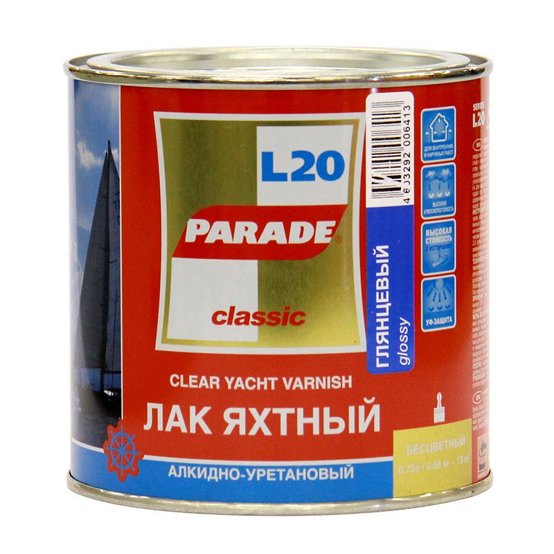 Лак яхтный алкидно-уретановый Parade L20, глянцевый, 0,75л