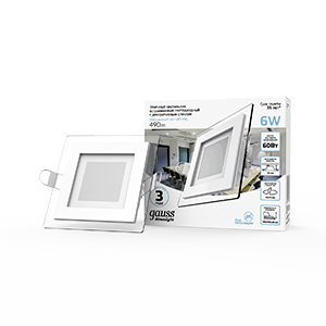 Gauss Светильник Glass кв 6W 490lm 4000K 220-240V IP20 монт Ø70х70 100*100*35 с дек стеклом LED