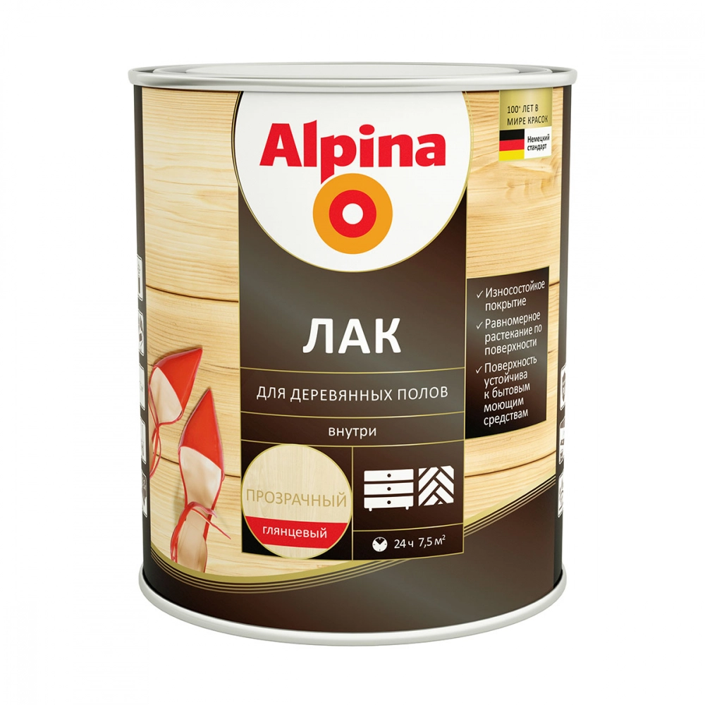 Лак алкидно-уретановый Alpina Лак для деревянных полов глянцевый, 0,75 л