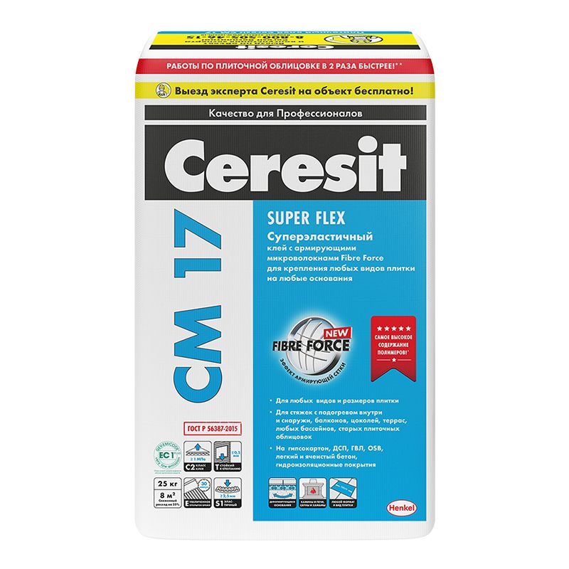Клей для плитки (C2 T E S1) Ceresit CM17 эластичный, 25 кг