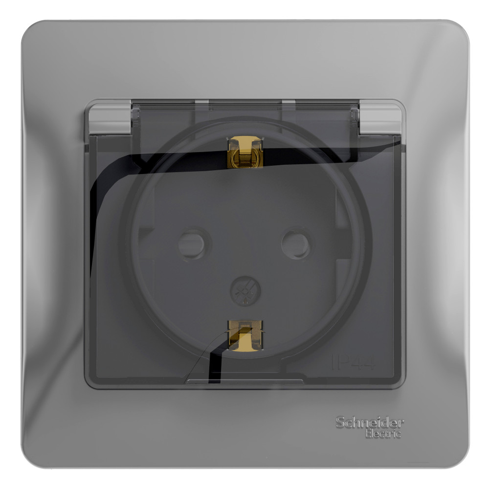 Systeme Electric Glossa Алюминий Розетка с/з со шторками с крышкой, IP44 (в сборе с рамкой)