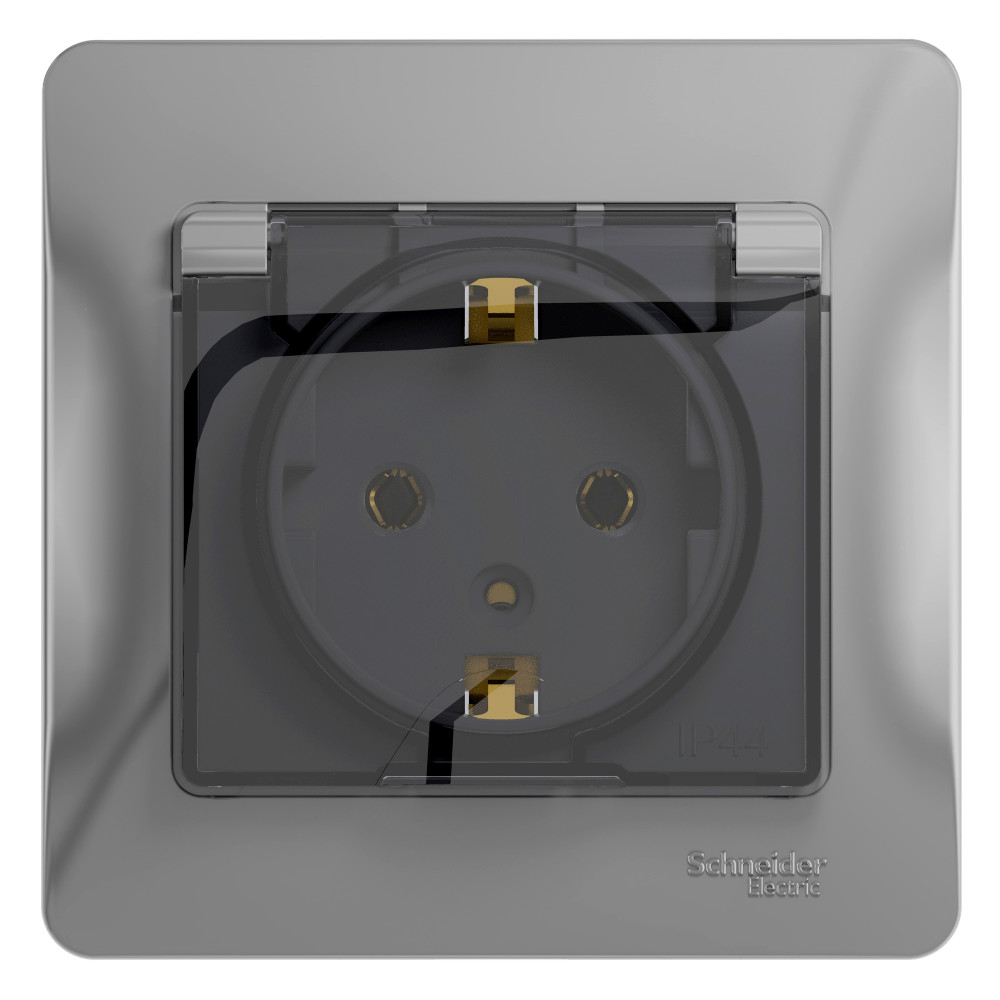 Systeme Electric Glossa Алюминий Розетка с/з со шторками с крышкой, IP20 (в сборе с рамкой)