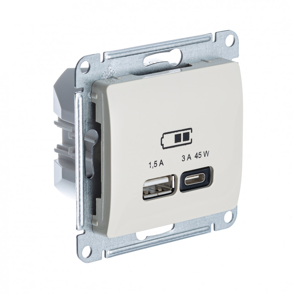 Systeme Electric Glossa Молочный USB Розетка A + тип-C 45W высокоскор.заряд. QC, PD, мех.