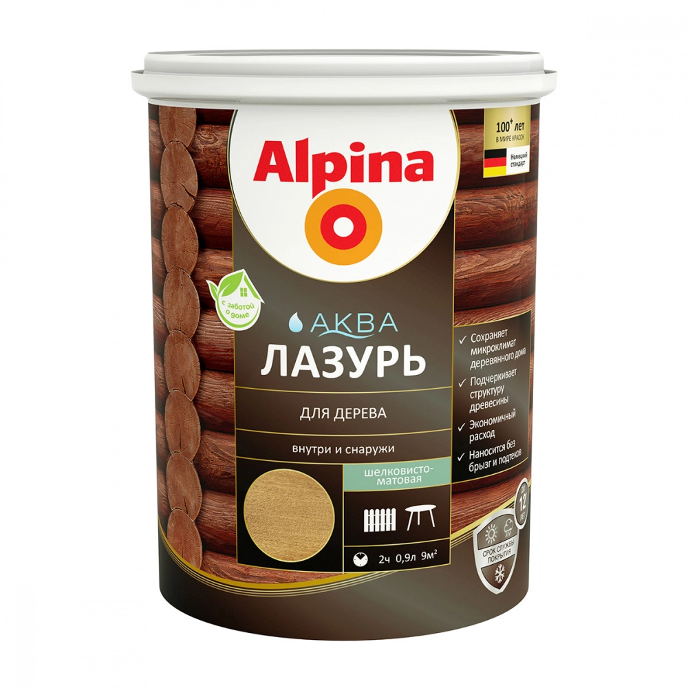 Лессирующий антисептик Alpina Аква Лазурь для дерева цветная, Орех, 0,9 л