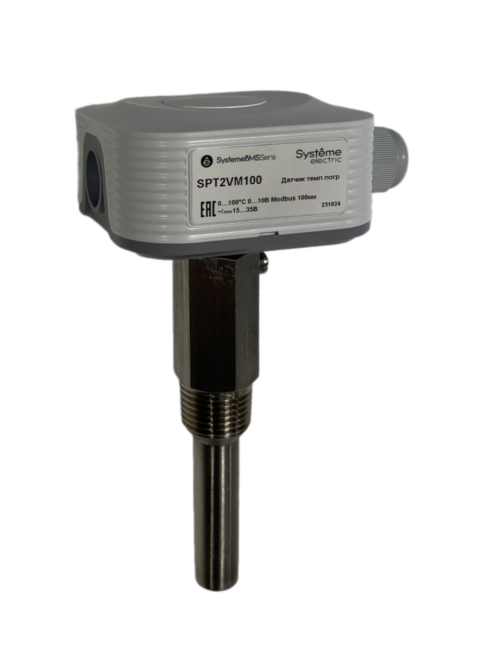 Systeme Electric Датчик температуры погружной, 0…+100°С 0…10В RS485/Modbus 100мм ~24В±20%/=15…35В с гильзой 50мм