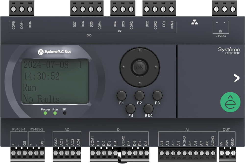 Systeme Electric ПЛК S172; 24 VDC; дисплей; 28 IO: 8 DI, 8 DO (6 реле, 2 SSR), 8 AI, 4 AO, 2xRS485, 1xRJ45